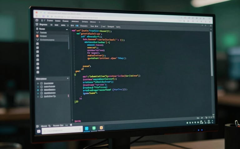 A close-up of a high-resolution computer monitor in a dark, professional tech office in the US. The screen displays lines of clean code and testing logs. Subtle dark green lighting creates a focused and innovative mood.