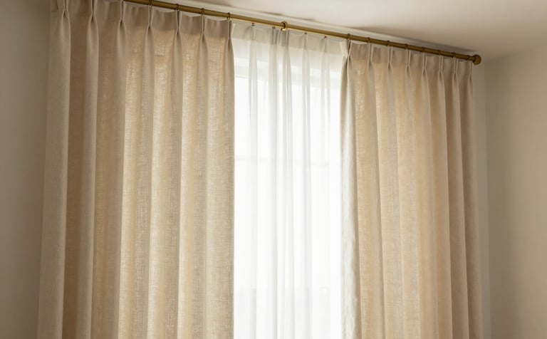 A high-end living room featuring floor-to-ceiling custom linen drapes in a soft cream color. The drapes are perfectly pleated and hang from a minimalist bronze rod. The lighting is warm and airy, casting soft shadows. The color palette includes #F9F7F3 and subtle #7A5B44 accents in the hardware.