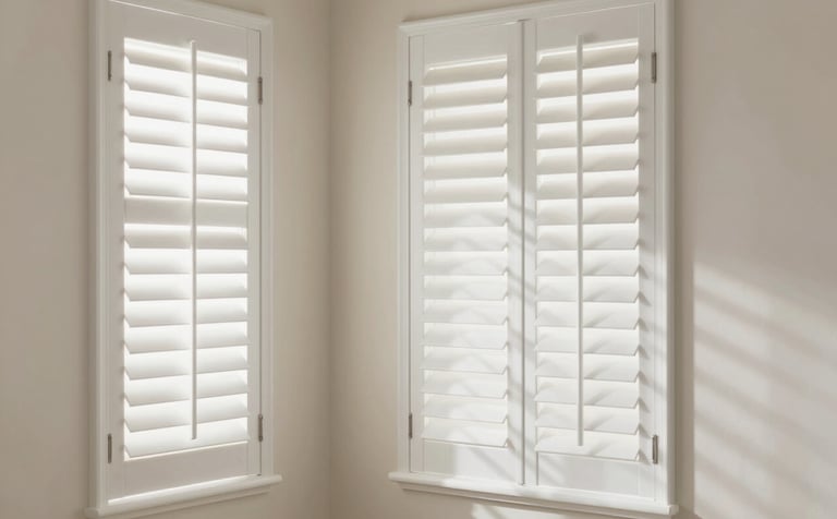 Elegant white plantation shutters installed in a bright bedroom. The louvers are partially open, creating a beautiful play of light and shadow on a cream wall #F9F7F3. The style is classic and clean, reflecting a high-end interior design aesthetic.