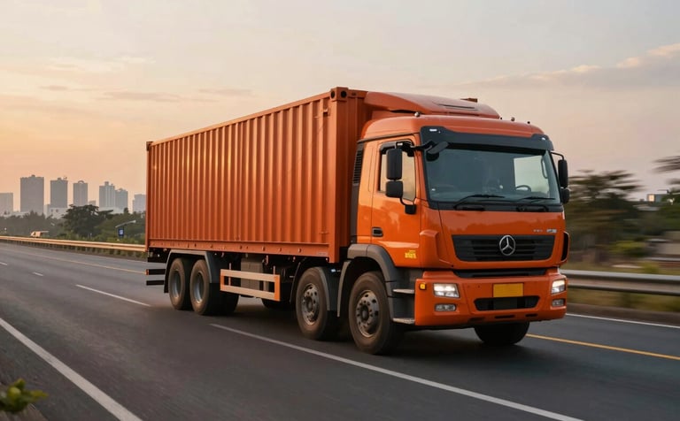 A large logistics truck with vibrant orange detailing driving along a wide highway toward a South Asian / Indian city skyline during a golden hour sunset. Sophisticated, high-speed photography showcasing movement and reliability.