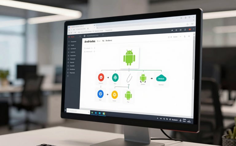 A professional photograph of an innovative software development environment. A sleek monitor in the foreground displays a sophisticated yet simple Android backend structure. In the background, a blurred modern office space with clean lines. Global / Tech-focused.