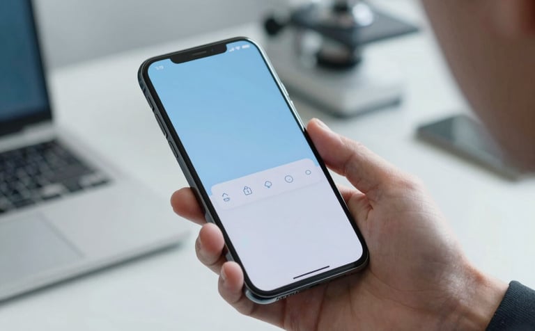 A close-up, high-definition photograph of a person's hand using a sleek, minimalist Android smartphone. The screen displays an approachable and clean mobile interface with soft Sky Blue highlights. The setting is a bright, airy, modern technology lab with Light Gray surfaces. Global / Tech-focused.