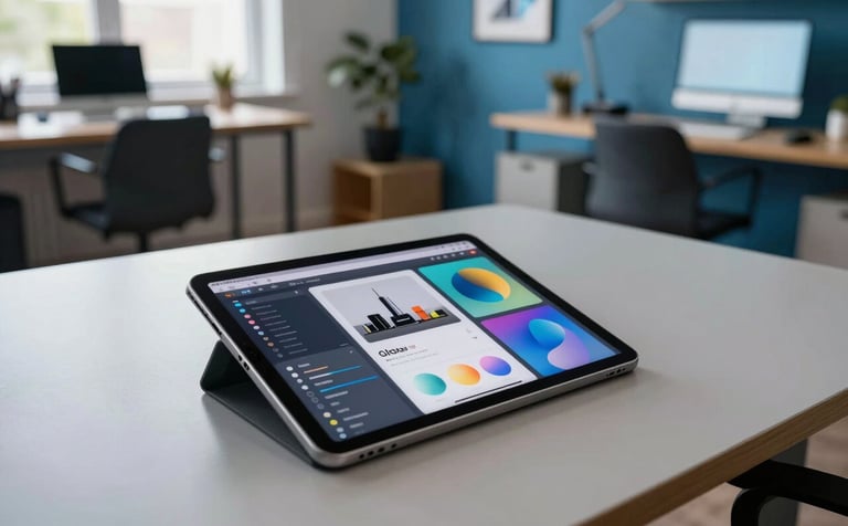 A vibrant, wide-angle photograph of a creative studio space. A high-resolution tablet sits on a polished desk, showing a fun and innovative application layout. The room is decorated with subtle Steel Blue accents and modern furniture. Global / Tech-focused.