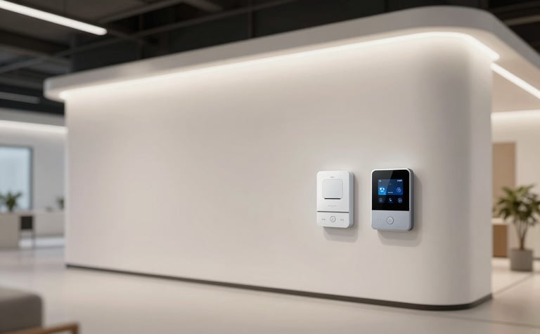 A high-end architectural lighting and electrical project setup inside a newly built commercial space. The image features pristine off-white (#F5F8F7) walls, glowing ambient light, and visible smart home automation hubs. It communicates advanced technical expertise and modern premium design.