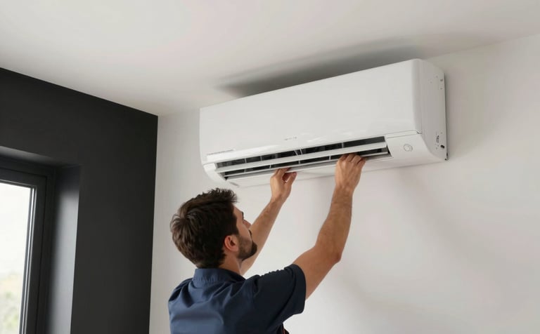 A modern HVAC technician carefully installing a premium, minimalist air conditioning unit in a luxury home. The lighting is bright and natural, reflecting an off-white (#F5F8F7) interior with sophisticated black (#0F1F23) architectural details. The technician exudes expertise and high-standard efficiency.