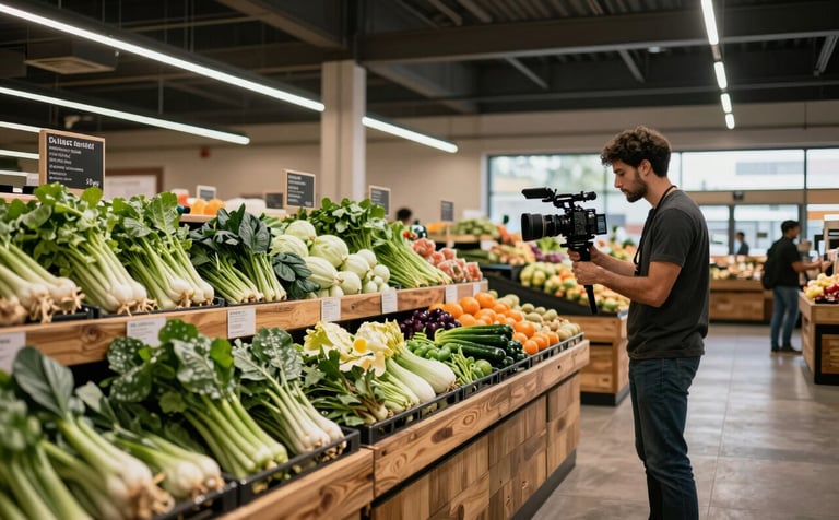 A wide photography shot of a modern food market interior in North America. High industrial ceilings, rustic wooden stalls, and lush green organic produce. A young professional (North American) is recording cinematic video of a stall. Sophisticated, clean, and professional.