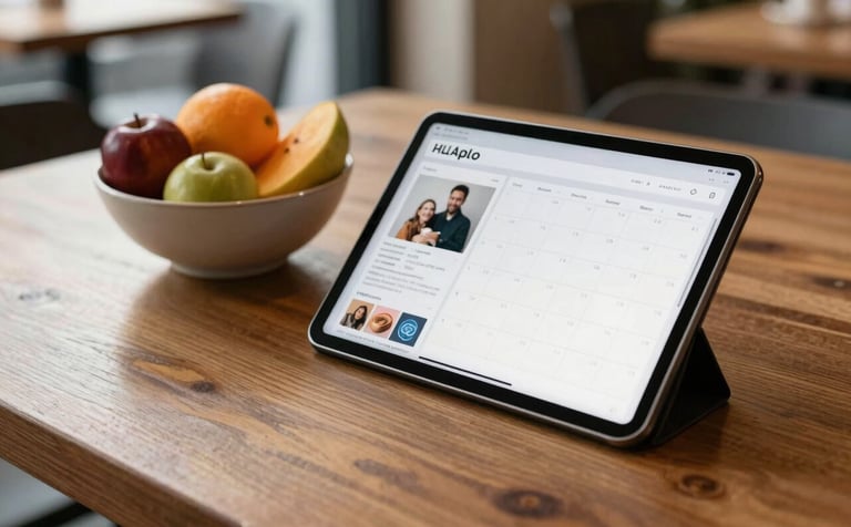 A close-up photography shot in a cozy, sun-drenched North American cafe. A professional wooden table holds a tablet showing a social media content calendar next to a bowl of fresh, colorful seasonal fruit. Soft morning light, sophisticated and authentic atmosphere.