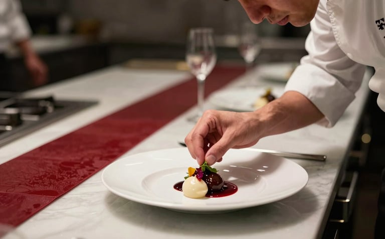 A behind-the-scenes shot in a high-end restaurant kitchen in North America. A professional photographer is capturing a chef elegantly garnishing a plate. Crisp Parchment and Deep Ripe Crimson elements in the background, sophisticated lighting, authentic professional mood.