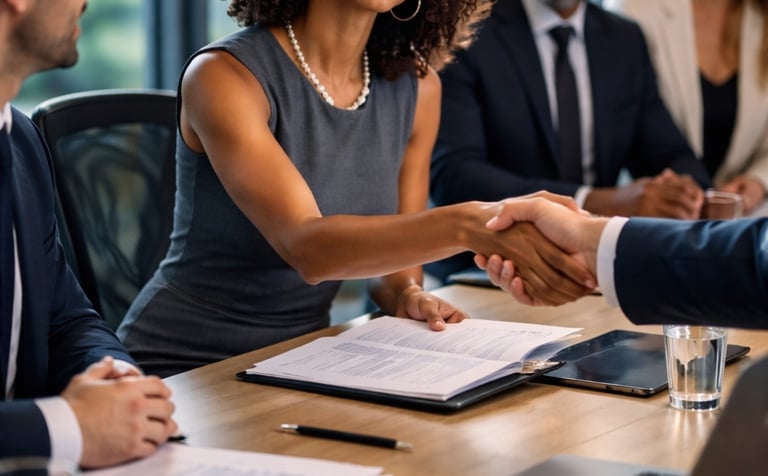 Professional business woman shaking hands at a corporate meeting table to finalize an interview