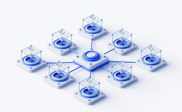 A professional 3D technical model of a decentralized autonomous microgrid system. The illustration is clean and modern, using #7BA0BF and #2D4A6E lines on a light #EBF3F8 background, highlighting efficiency and sustainable energy modeling.