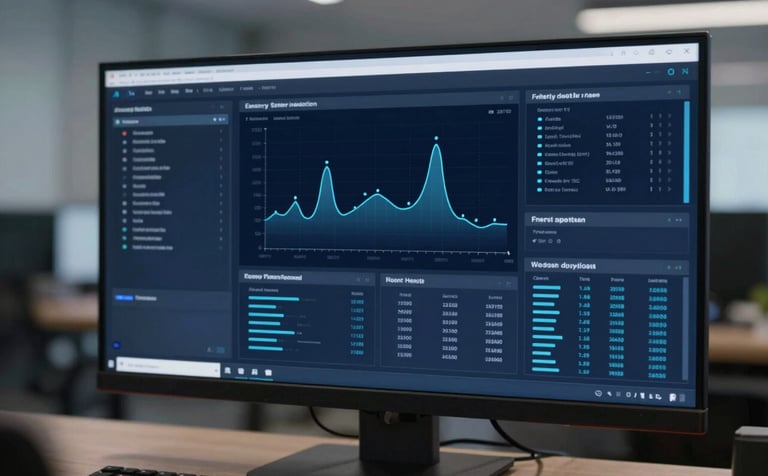 A digital screen in a professional control room displaying complex energy systems integration software. The interface uses a clean, data-driven design with #7BA0BF highlights against a #0F1B2B background, showcasing real-time monitoring and AI-driven optimization.