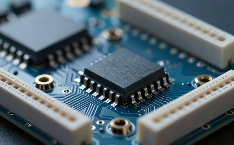 A close-up, high-tech view of a power electronics circuit board with visible semiconductors and heat sinks. The lighting is crisp and technical, using tones of #7BA0BF and #2D4A6E on a dark #0F1B2B background, suggesting precision and advanced engineering.
