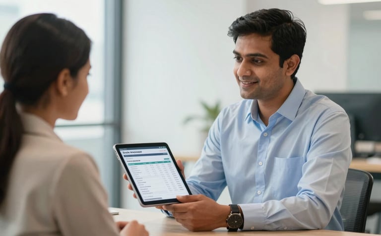 A professional South Asian property manager in a modern office, showing a digital rental report on a tablet to a satisfied property owner. The setting is bright and professional with a soft blue and off-white color palette.