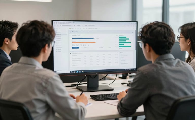 A collaborative team of professionals in an upscale Global / Western coworking environment, viewing subscription analytics on a large modern monitor. Bright, crisp lighting with prominent dark slate grey and soft off-white colors.