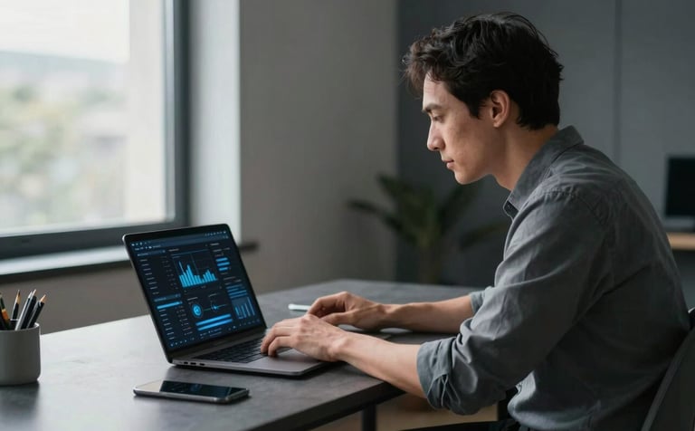 A focused professional in a modern Global / Western home office, reviewing a sleek digital dashboard on a laptop. Soft window light illuminating the workspace, featuring a minimalist aesthetic with subtle dark slate grey and light steel blue accents.