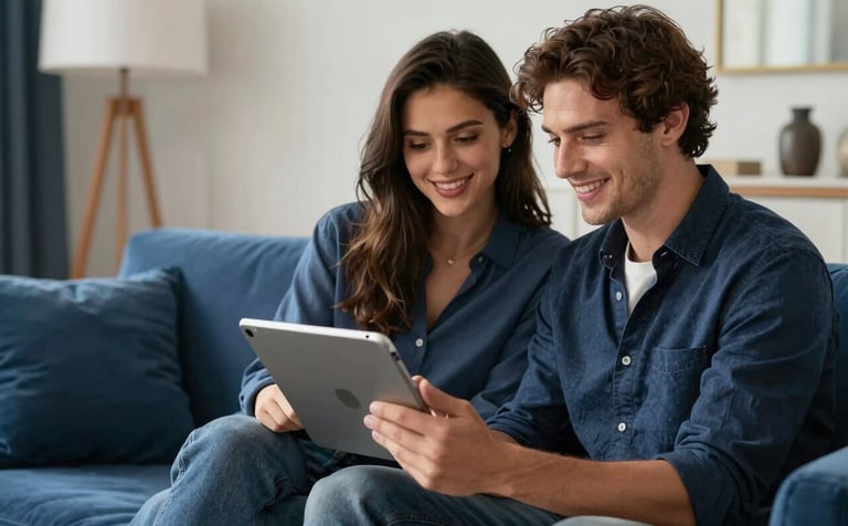 A stylish couple in a chic Global / Western living room seamlessly managing their household digital subscriptions on a high-end tablet. Shot with a clean, airy aesthetic, integrating navy blue tones.