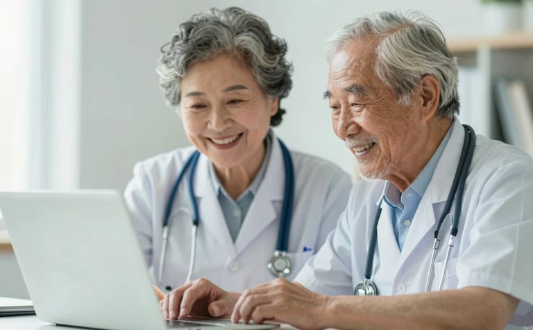 A warm, bright image of an elderly couple smiling while looking at a laptop, interacting with a remote doctor. Trustworthy, caring, and professional vibe. Soft daylight, incorporating colors like #92B7C0 and #F2F6F7.