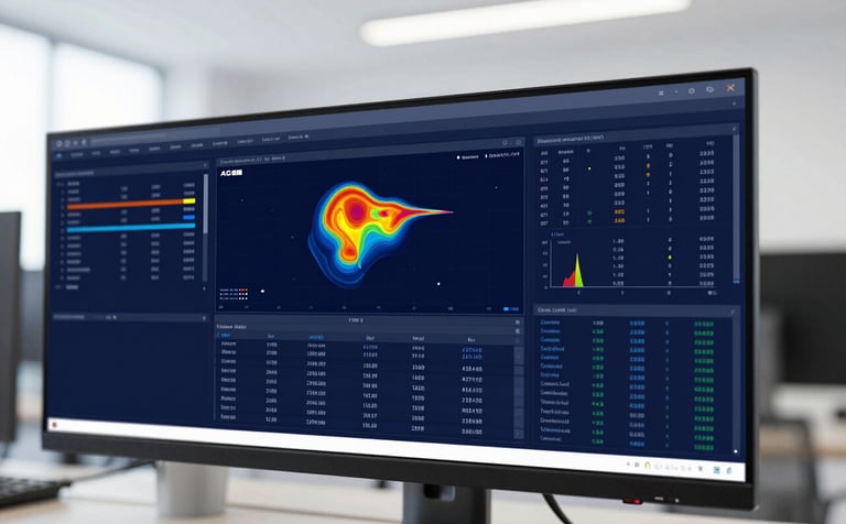 Close-up of a high-tech computer monitor displaying complex data heatmaps, statistics, and audience tracking metrics in a sleek, modern office setting. The professional atmosphere uses a brand palette of deep dark blue (#243441) and clean white light.