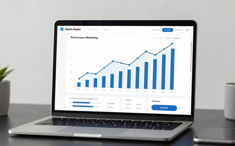 A high-resolution, minimalist workspace featuring a sleek laptop on a dark desk displaying a modern performance marketing dashboard with upward-trending line graphs and bar charts in shades of professional blue (#4A7C9F) and slate (#243441). Professional soft side lighting.