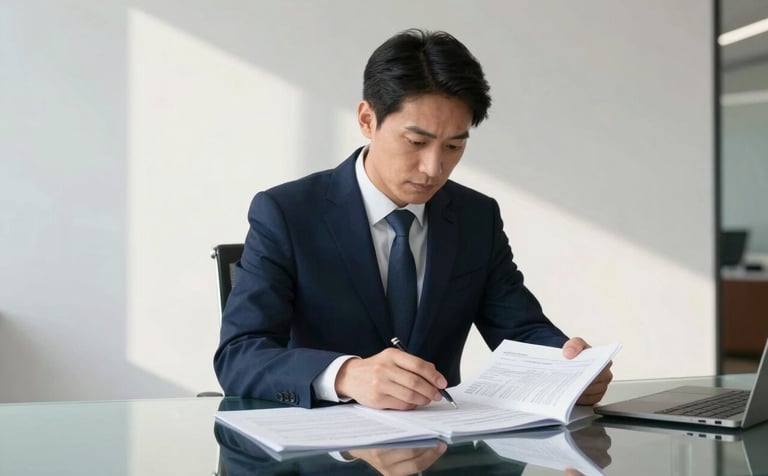 A high-end, minimalist corporate office setting. A professional in a deep navy suit is reviewing strategic documents on a glass table. The lighting is bright and natural, reflecting off pearl white walls. The composition is clean and authoritative, capturing a sense of high-level planning.