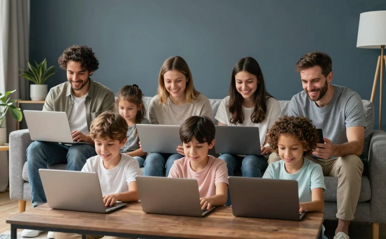 A Global family in a modern living room setting, everyone happily connected to multiple devices. The interior features Deep Slate and Soft Mist tones with clean, natural lighting.