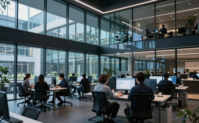 A group of professionals working in a sleek, glass-walled Global tech hub. The environment is clean and modern with Dark Midnight and Steel Blue color palettes.