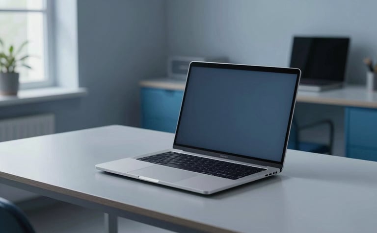 A high-end modern laptop resting on a minimalist desk in a Global home office setting. The room is bathed in Soft Mist blue light with Steel Blue accents on the furniture, looking efficient and high-tech.