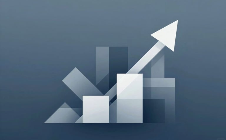 An abstract, sophisticated digital illustration representing growth and asset building. Geometric shapes in #F8FBFB and #A9C2C0 overlap against a #476A6B background. The style is modern, suggesting building blocks and systematic progress.