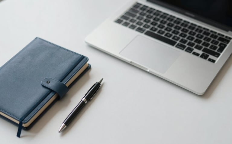 A clean, modern top-down view of a minimalist desk with a high-end laptop, a structured leather notebook, and a sleek pen. The lighting is soft and professional. Accents of #1A2E2F and #476A6B are visible in the accessories. The atmosphere is strategic and intentional.