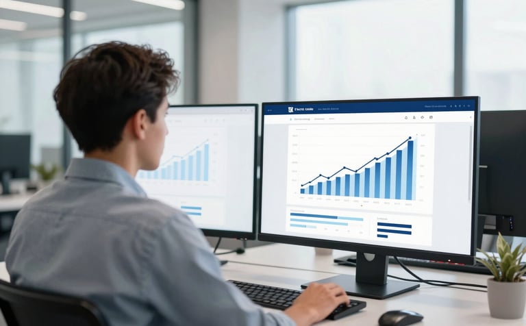 A bright, professional office setting with wide windows. A digital entrepreneur is seen from behind, looking at a clean dual-monitor setup displaying growth charts. The palette uses #F8FBFB and #476A6B. The lighting is inspiring and bright.