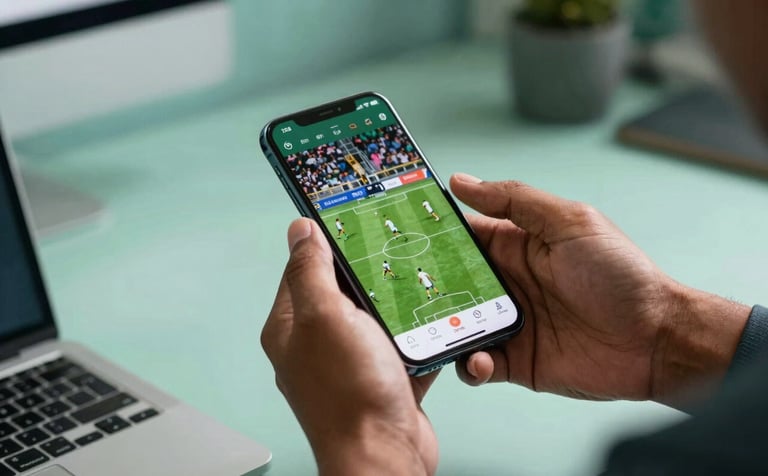 A close-up of a person's hands in a modern South Asian / Indian home office, holding a premium smartphone displaying a sports-related application. The lighting is bright and professional, with a clean sea green and dark charcoal color palette in the background.