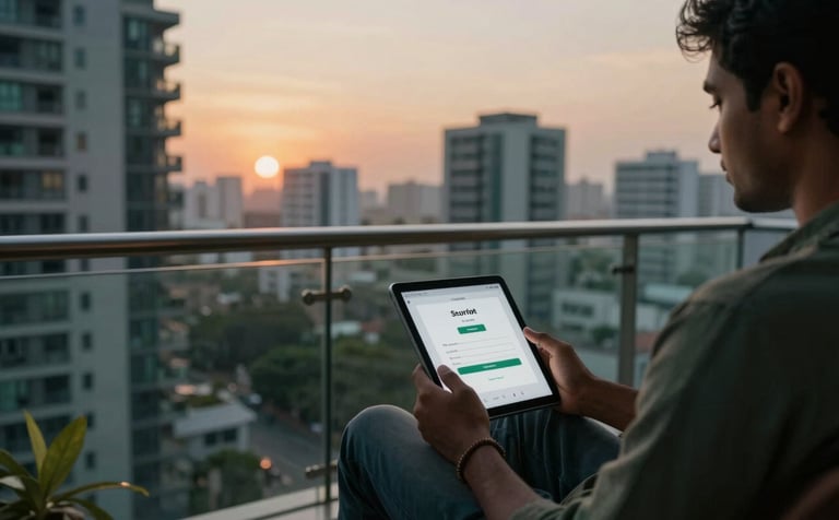 A wide shot of a modern urban balcony in a South Asian / Indian city during sunset. A person is sitting comfortably with a tablet, showing a secure transaction confirmation screen. The mood is calm and successful, using dark charcoal and forest green.