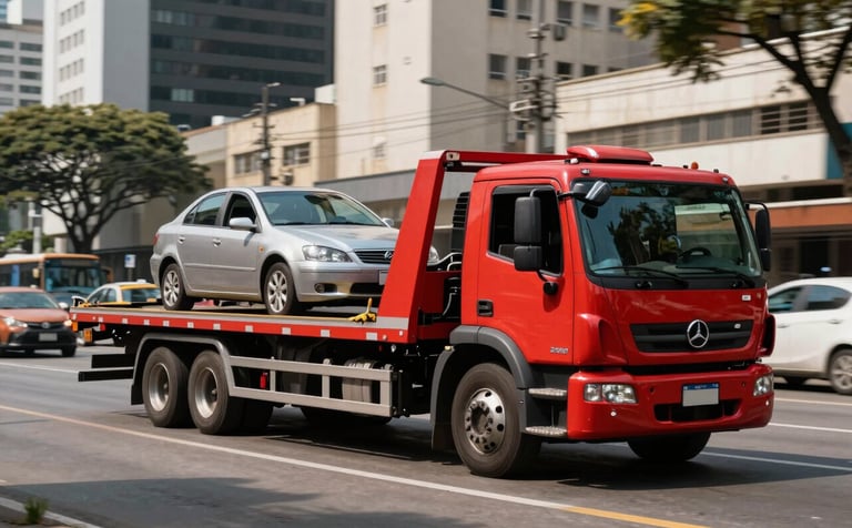 A modern red flatbed tow truck carrying a sedan on a bustling urban avenue in São Paulo, bright daylight, professional automotive photography style, South American / Brazilian city street background, emphasizing speed and reliability.