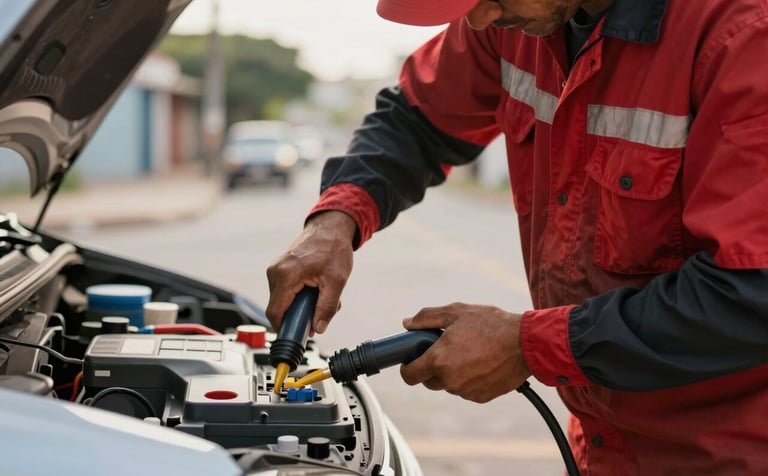 Detailed close-up of a professional technician in a red and black uniform providing a battery jump-start service to a vehicle on a South American / Brazilian street, safe and efficient mood, morning light.