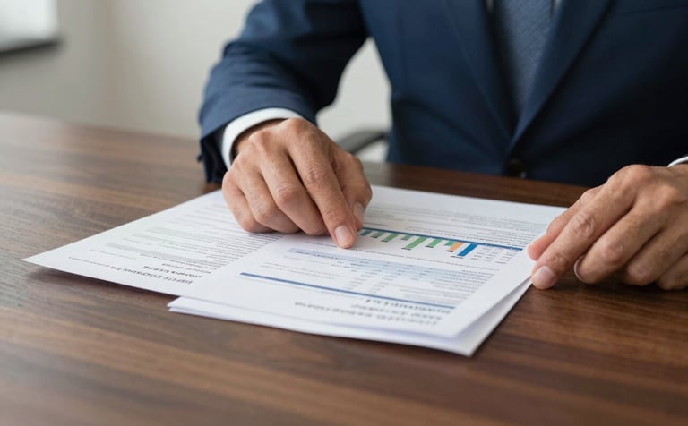 A close-up of a professional advisor's hands reviewing high-quality financial reports on a dark wood desk in a Spokane, Washington office. The background is a soft-focus North American professional setting with clean lines and off-white and deep blue tones.