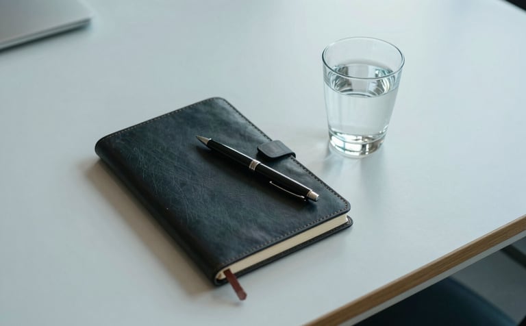 A top-down photographic view of a minimalist boardroom table in a North American financial center. A leather-bound notebook, a fine ink pen, and a glass of water sit on the surface, captured in soft, natural light with light blue and white color accents.
