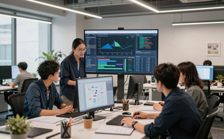 A modern creative studio space with digital analytics displayed on screens, professionals collaborating over brand strategy, bright and empowering lighting, international office aesthetic.