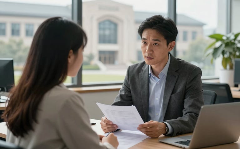 A professional consultation session in a light-filled office, an advisor and student reviewing documents with a blurred view of a university campus in the background, international style, authoritative and supportive atmosphere.
