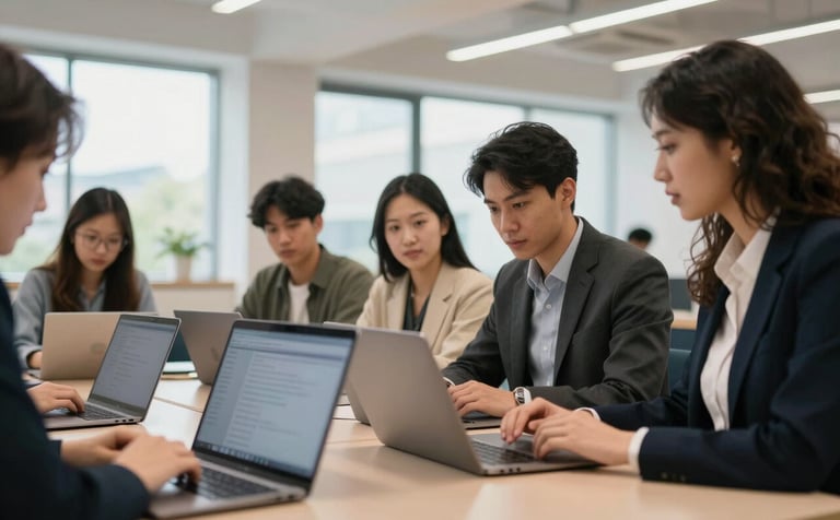 A bright, modern learning environment with professional adults engaged in collaborative study with high-end laptops, soft natural light, clean architectural lines, reflecting an international English-speaking market setting.