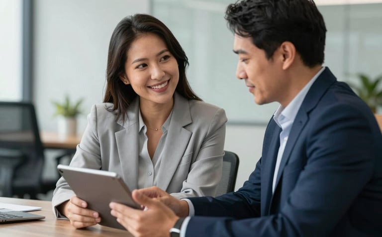A South American career mentor and a client in a friendly, empathetic conversation in a modern office setting. They are looking at a tablet together. The atmosphere is supportive and professional with silver and dark blue tones.