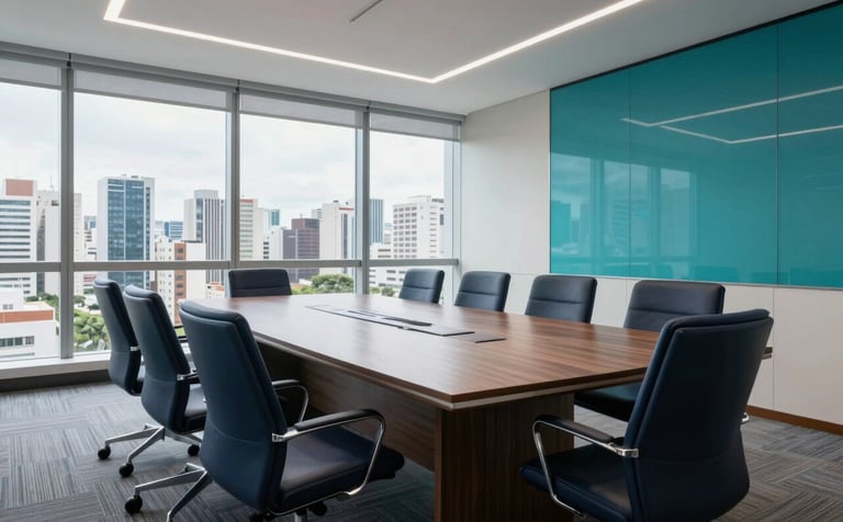 A wide shot of a modern, clean Brazilian corporate boardroom with large windows overlooking a city skyline. The lighting is bright and inspiring, emphasizing a forward-thinking and professional atmosphere in navy and teal hues.