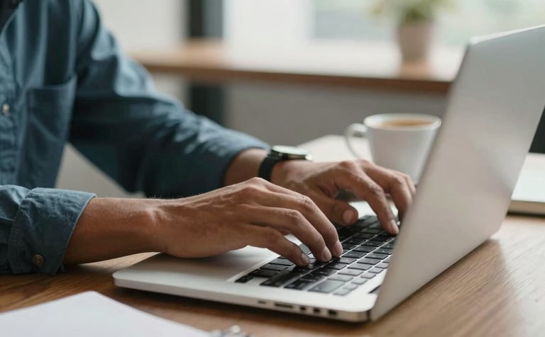 A close-up of a professional South American person's hands typing on a laptop in a bright, modern Brazilian co-working space. The scene features a cup of coffee and a notebook, with soft morning light and a palette of silver and teal.