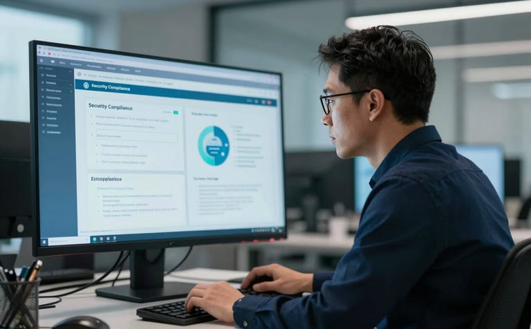 A professional cybersecurity consultant in a modern office environment, looking at a large computer screen showing security compliance frameworks. The lighting is crisp and cool, featuring tones of deep midnight blue and pale aqua, conveying expertise and authority.