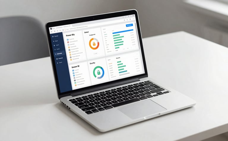 A clean, minimalist desk with a laptop displaying a complex Power BI dashboard with security metrics. The scene is illuminated by soft natural light, highlighting a professional and functional design in sky white and deep midnight blue.