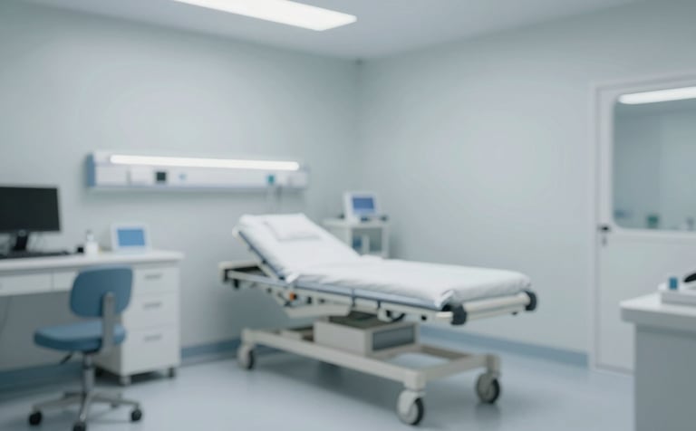 A clean, high-end clinical recovery room with soft lighting and minimalist furniture. The color palette features soothing #B3C1C7 and #F8F9FA tones. Professional medical atmosphere that feels empathetic and safe.
