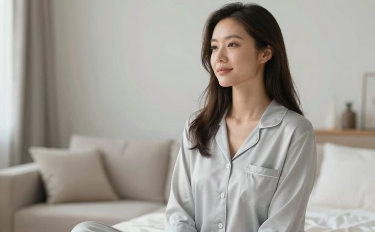 A sophisticated lifestyle shot of a woman in a bright, airy home environment, wearing soft, elegant loungewear, looking healthy and serene. Soft palette emphasizing #B3C1C7 and #F8F9FA.