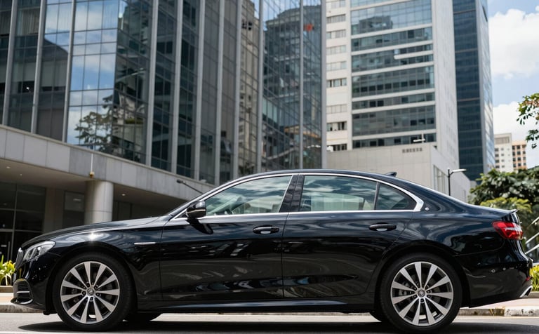 A sleek, black executive sedan parked in front of a modern glass skyscraper in São Paulo's business district. High-end professional photography, bright daylight, sharp reflections of the blue sky on the car's polished surface. South American / Brazilian urban setting.