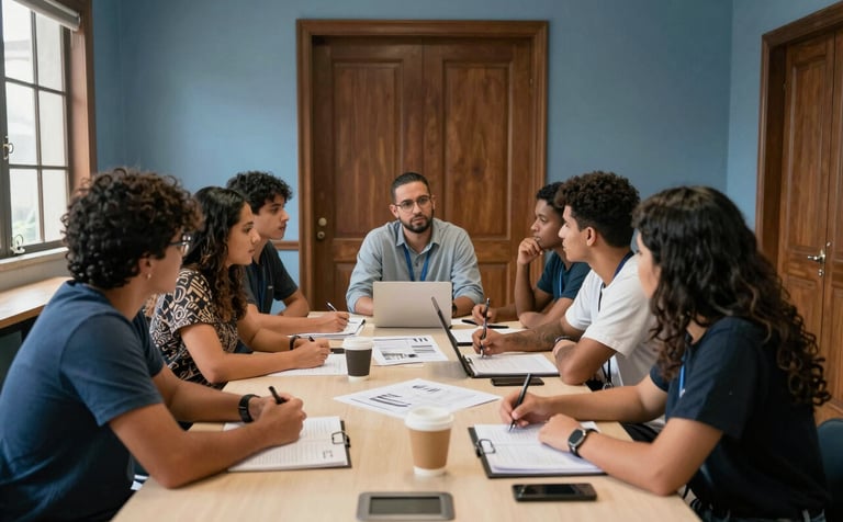 Photography of a collaborative classroom setting in Brazil, where professional students are discussing a project around a conference table. The atmosphere is energetic and innovative, with a balance of traditional and modern architectural elements, featuring muted blue and sand bronze tones.