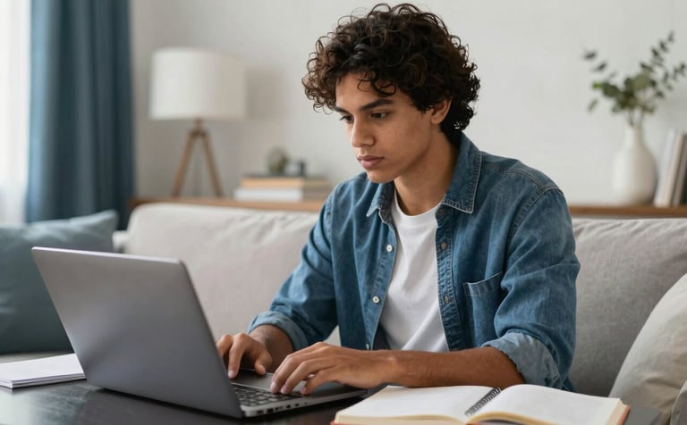 A high-quality lifestyle photograph of a South American / Brazilian student sitting in a bright, modern living room, studying comfortably with a laptop and a notebook. The lighting is natural and airy, with soft blue and pearl white accents in the decor reflecting a professional and innovative educational atmosphere.