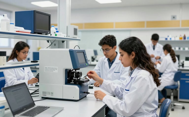 A clean, sharp photograph of a modern technical laboratory in a South American / Brazilian institution. Students in professional attire are engaged in a practical workshop with advanced equipment. The setting is bright and professional, incorporating navy blue and gold details in the environment.